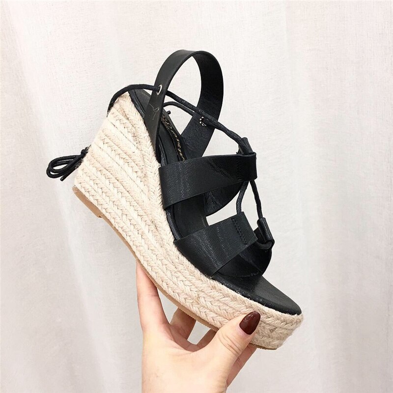 Summer Women Lace Up Platform Sandals Gold Nude High Heels Wedge Sandals Peep Toe Cork Sandals Party Shoes: Black / 6