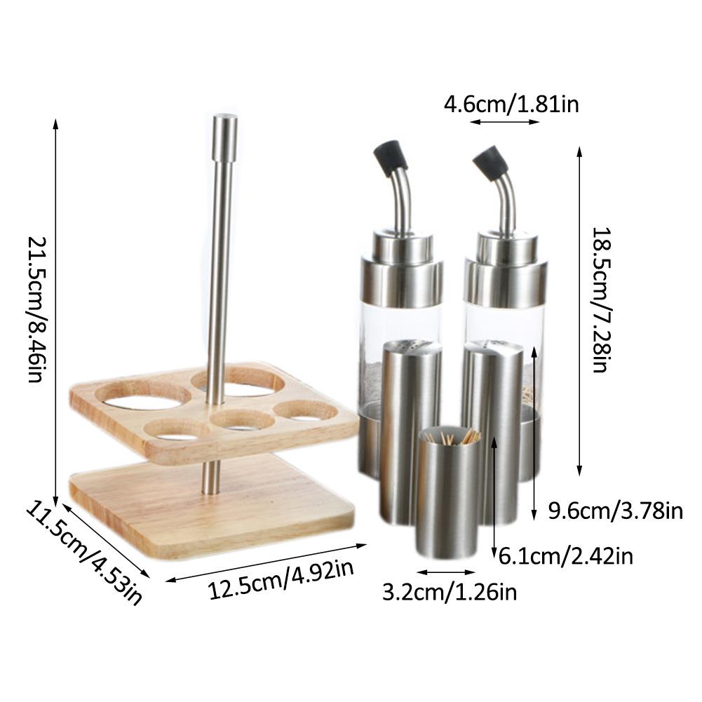 Kitchen Seasoning Bottle Set with Wooden Rack Translucent Pepper Bottle Holder Tools for Oil Salt Vinegar Soy Sauce Storage