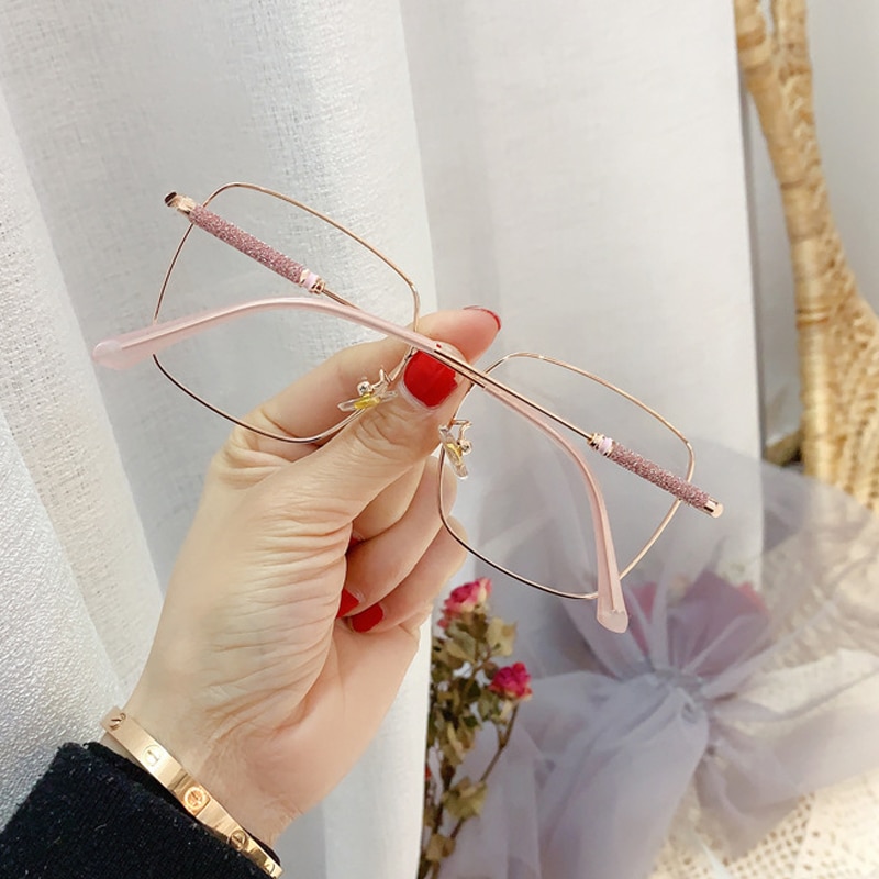 Anti-blue light crystal shiny leg women's glasses alloy square pink gold eyeglasses female computer eyewear
