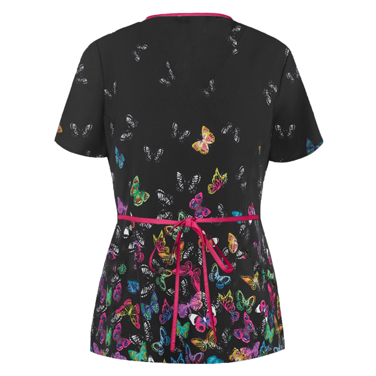 Ziekenhuis Schoonheidssalon Werkkleding Uniform Vrouwen Korte Mouwen Vlinder Print Grafische T-shirt Met Pocket Verpleging Scrub Tops Tie Terug