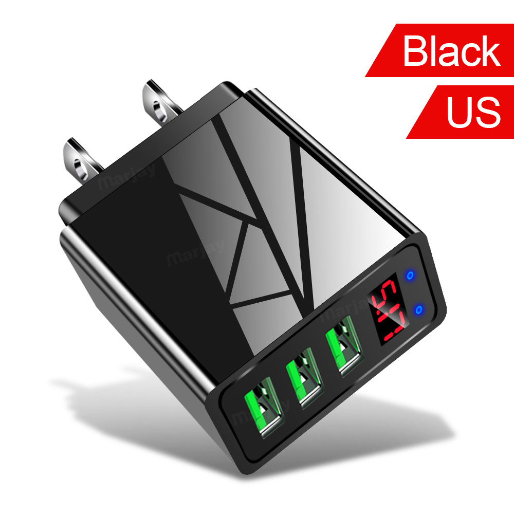 Marjay 3 Ports USB Charger EU US Plug LED Display 3.1A Fast Charging Smart Mobile Phone Charger For iphone Samsung Xiaomi Tablet: Black US