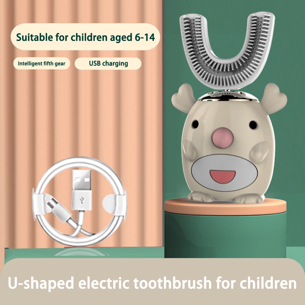 Smart 360 Graden U Elektrische Tandenborstel Kids Silicon Automatische Ultrasone Tanden Tandenborstel Cartoon Patroon Kinderen: yellow 6-14