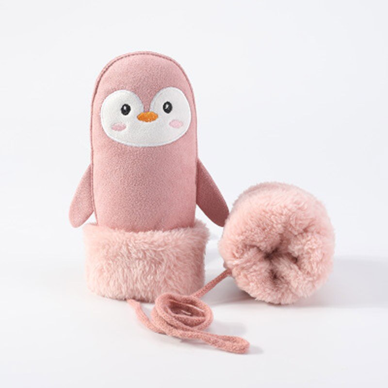 Gants pour enfants hiver épais cachemire dessin animé pingouin requin daim cuir gants garçon/fille suspendus cou mitaines de Ski H29