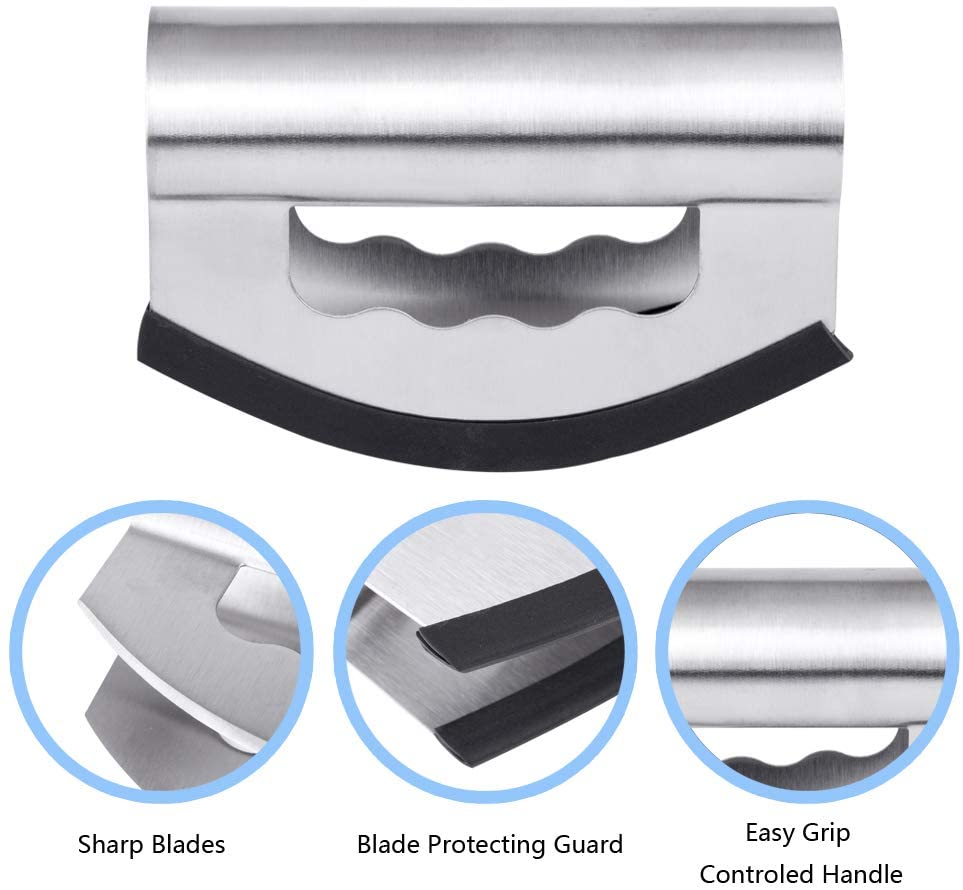 Mezzaluna-cuchillo de acero inoxidable para ensaladas, doble hoja, cubiertas protectoras, utensilios de cocina