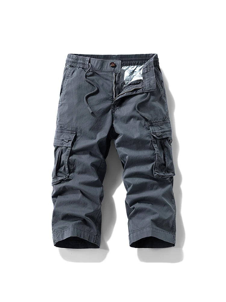 Pantalones Cargo con múltiples bolsillos, pantalones Capris rectos de algodón lavado, ropa de trabajo con cintura elástica, pantalones holgados, pantalones de verano hasta la pantorrilla para hombre: 34 / Gris oscuro