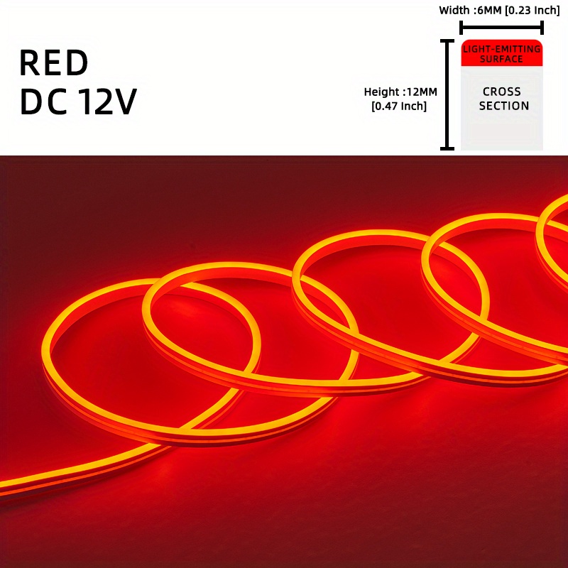 1 Roll 12V 196.85in/5M LED Flexible Silicone Neon Light, Outdoor LED Strip Lights Waterproof, 2835 12-bead Neon Light, 12V 6*12: RED