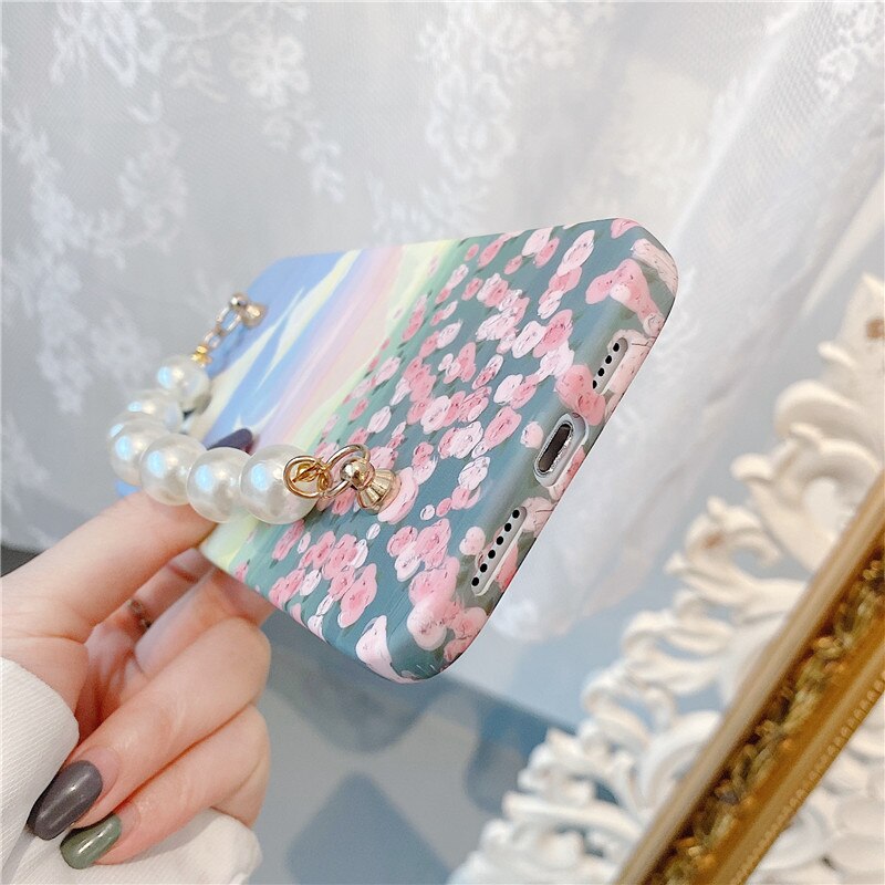 Parel Rhinestone Pols Landschap Zee Bloemen Case Voor Iphone 12 11 Pro Max X Xr Xs Max 7 8plus SE2020 Beschermhoes