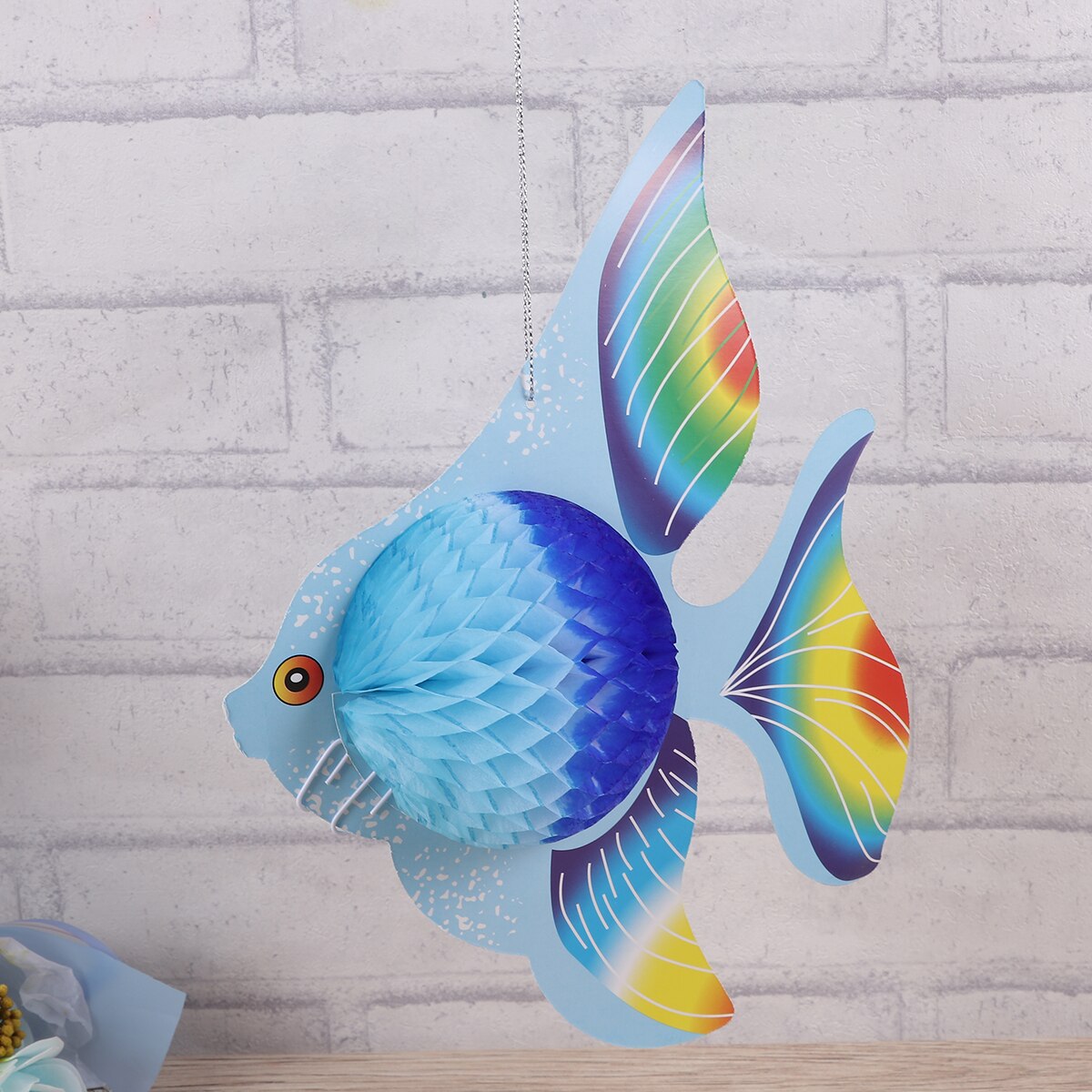 6pcs Colorful Tissue Paper Goldfish Foldable Tropical Fish Decoration Hanging Ornament Party Supplies (Gold + + Blue)