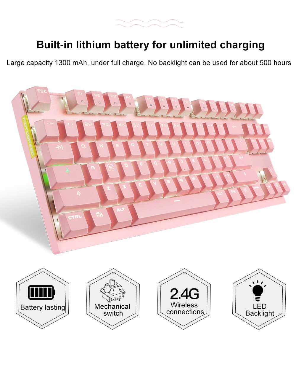 Genuíno motospeed 2.4g sem fio modo duplo gaming teclado mecânico 87 receptor usb chave led retroiluminado teclado para computador gamer