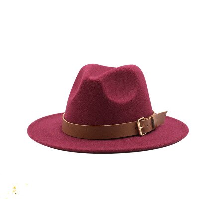 Fedora hoeden voor mannen, effen, formele kleding, kerk, bruiloft, brede rand, vilten hoed, winter, herfst, kaki, beige, riem, gesp, jazzpet voor mannen: Wijnrood