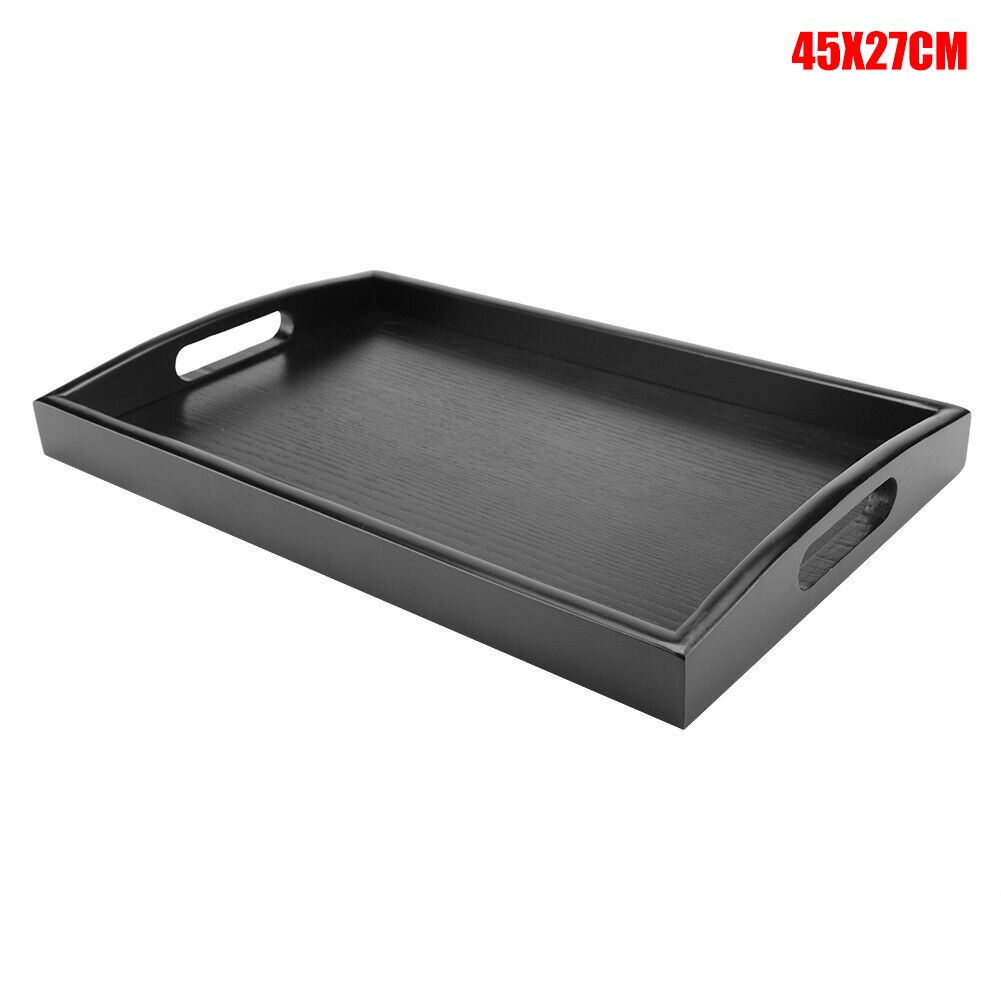 Bandeja para servir comida rectangular de madera negra, bandeja grande para desayuno con asas, fácil de sujetar, L5: 45x27cm
