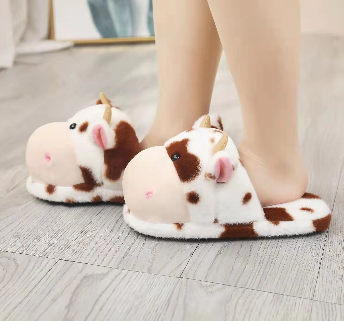 Kawaii Cow Plush Home Slippers Girls Home Non-slip Slippers Cute Animal Home Shoes Indoor Home Cow Cotton Slippers: Brown / 8