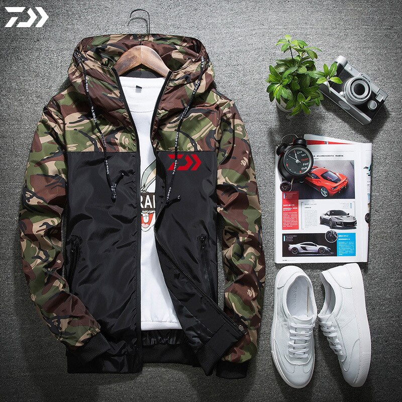 Dawai jakke utendørs sport fiske jakke hette fiskeskjorter vanntette fiskeklær fotturer camping kamuflasje klær: Militærgrønn / S