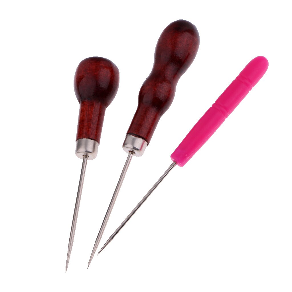 3Pcs Leather Sewing Awl Wood Handle Drillable Awl Pin Punching Hole Maker Stitching Overstitch Sewing Awl Kit