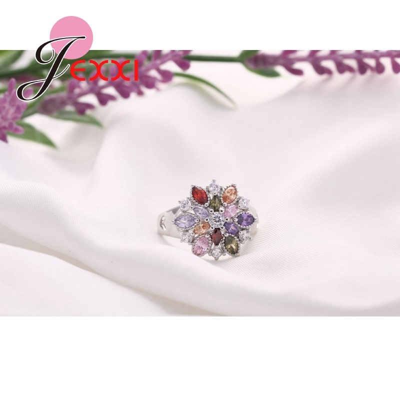Mode-sieraden Party Vinger Ring Kleurrijke Cz Crystal 925 Sterling Zilver Vrouwen Bruiloft Engagement Ringen Bijoux