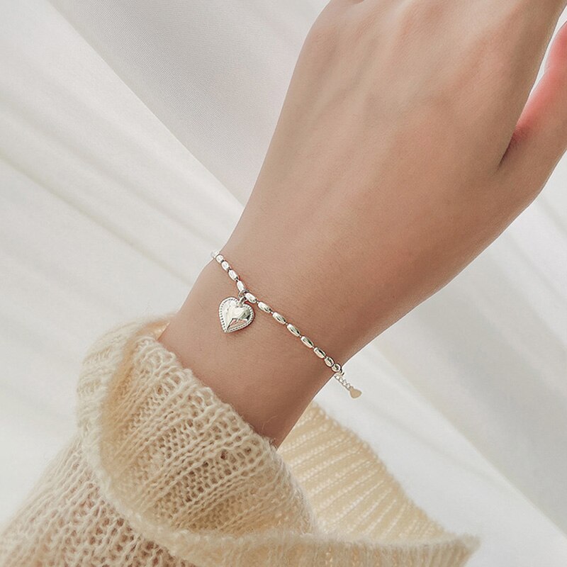 Kofsac 925 Sterling Silver Love Heart Armband Vrouwen Leuke Rijstkorrels Armband Meisje Valentijnsdag Accessoires