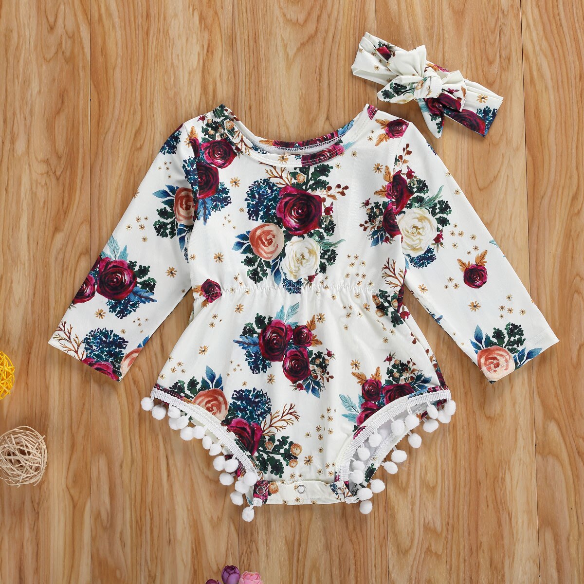 Pasgeboren Baby Meisje Jongen Lange Mouw Melk Zijde Jumpsuits Lente Herfst Bodysuit Kwastje Ballen Bloemen Playsuit Hoofdband