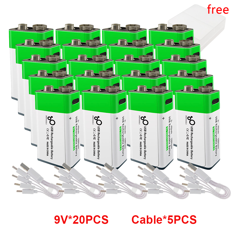 2-20pz 9V Batteria ricaricabile agli ioni di litio Ricarica USB 6F22 Batteria quadrata agli ioni di litio per metallo rivelatore KTV Microfono Giocattolo Multimetro