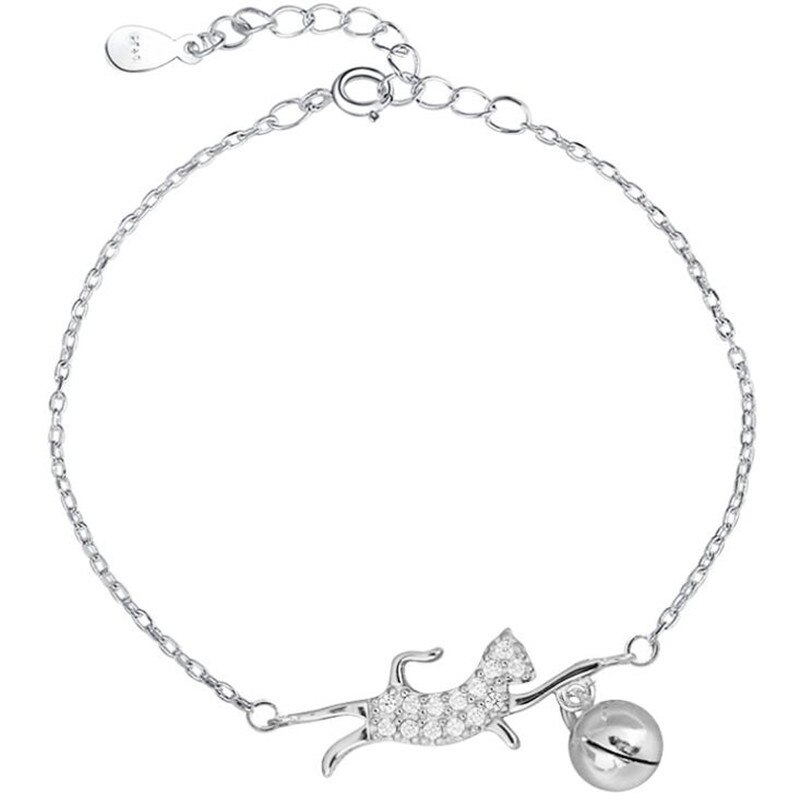 Novo bonito flash de cristal gato jogando bola sino redondo 925 prata esterlina jóias personalidade luxo feminino presente pulseiras sb219