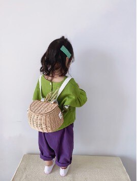INS Rattan Bicycle Storage Basket Children Cute Picnic Basket Wicker Straw Storage BackPack Multi-use Girls Kids Room Decor: wood color
