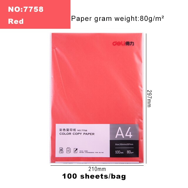 Deli Color Copy Paper A4 Color Computer Printing Paper 100 Sheets/Pack Student Hand-cut Paper-cut Office Supplies: 7758-Red