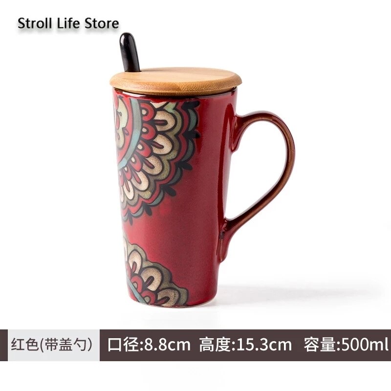 Ceramic Coffee Mug Retro Large-capacity Office Southeast Asia Water Cup Cups and Mugs with Lid Spoon Birthday CM25