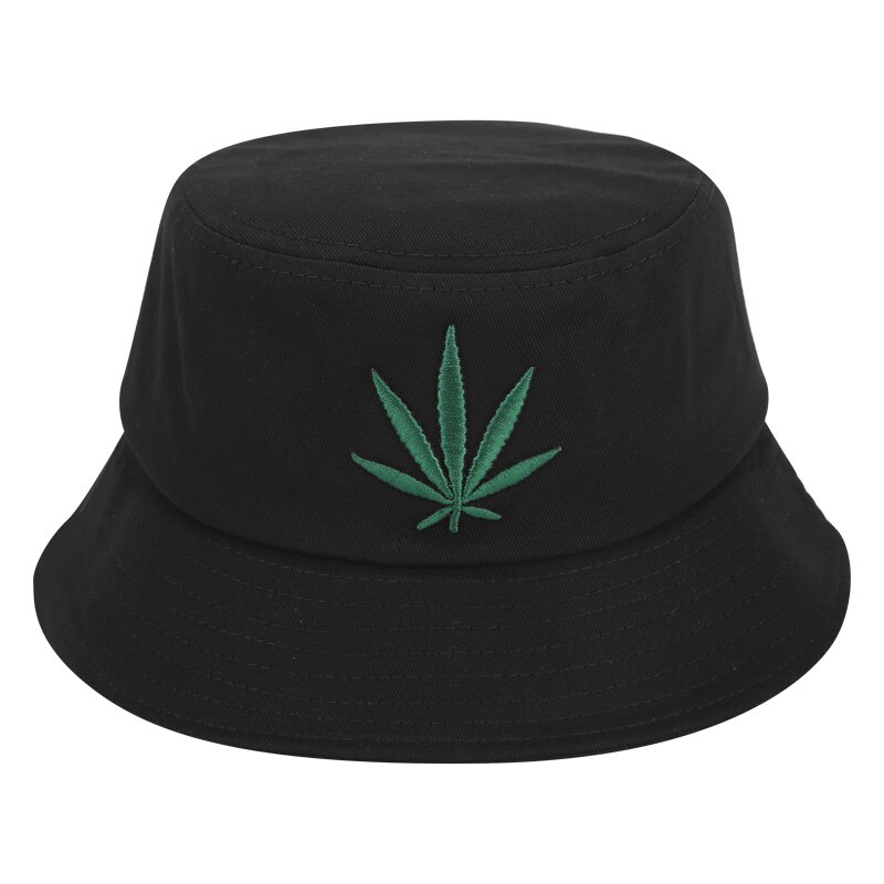 Leaf Embroidery Bucket Hat Protection Sun Hat Maple Foldable Cap Panama Packable Cotton Fisherman Hat For Men and Women: Green Leaf-Black