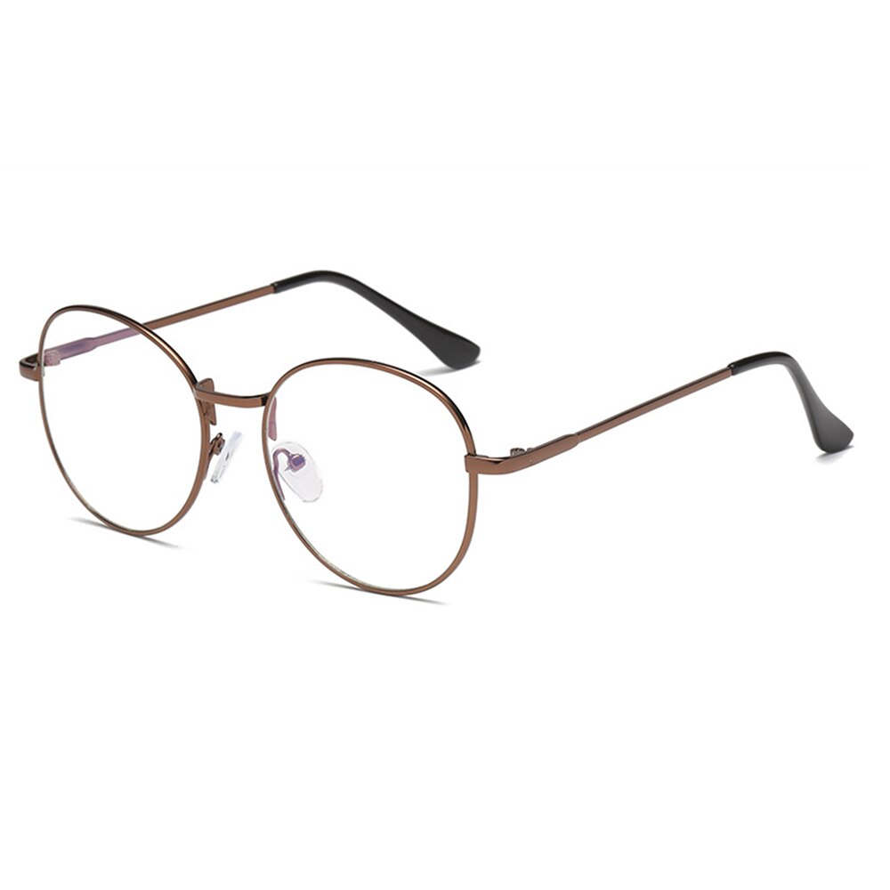 Retro anti blå lys brille ramme metal runde optiske briller linse almindelige briller briller til mænd kvinder unisex: Brun