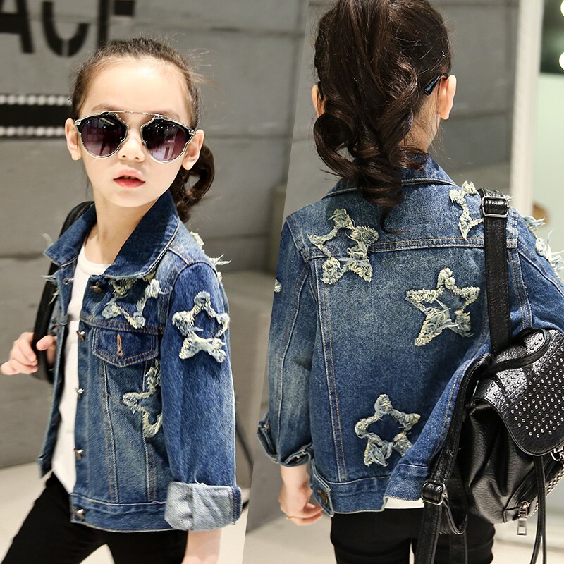 Chaqueta vaquera para niñas, abrigo de lavada con estrella de cinco puntas y lentejuelas brillantes, ropa informal de manga larga para primavera y otoño,