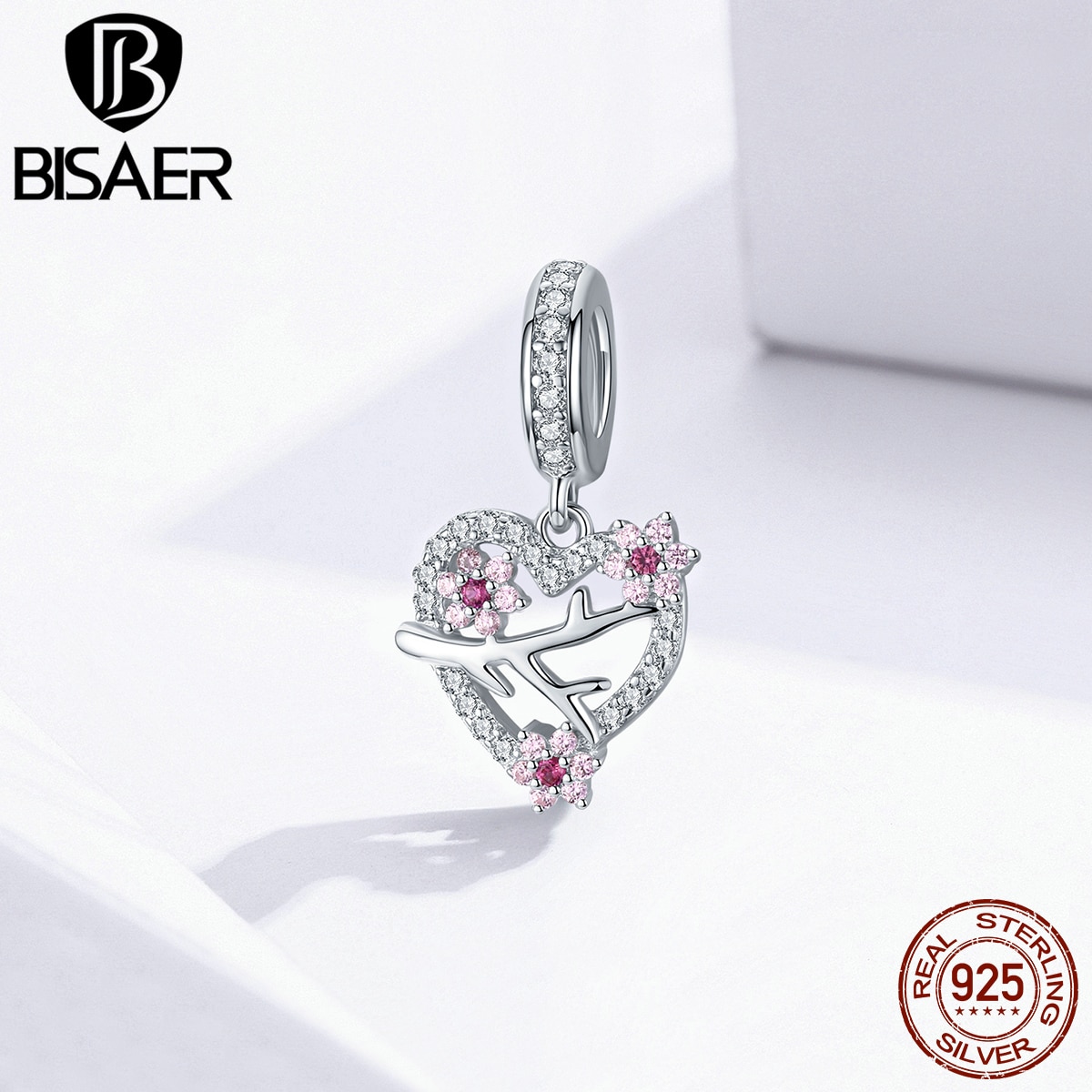 BISAER 925 Sterling Silver Blooming Plum Pendant Pink Cubic Zircon Primrose Charms Beads fit Bracelets DIY Accessories EFC151