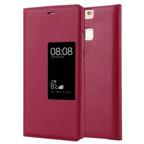 Luxury PU Leather Flip Case For Huawei P9 Plus Original Style View Window Cover for P8 Business Mobile Phone Smart Flip Case: For HUAWEI P9 / red