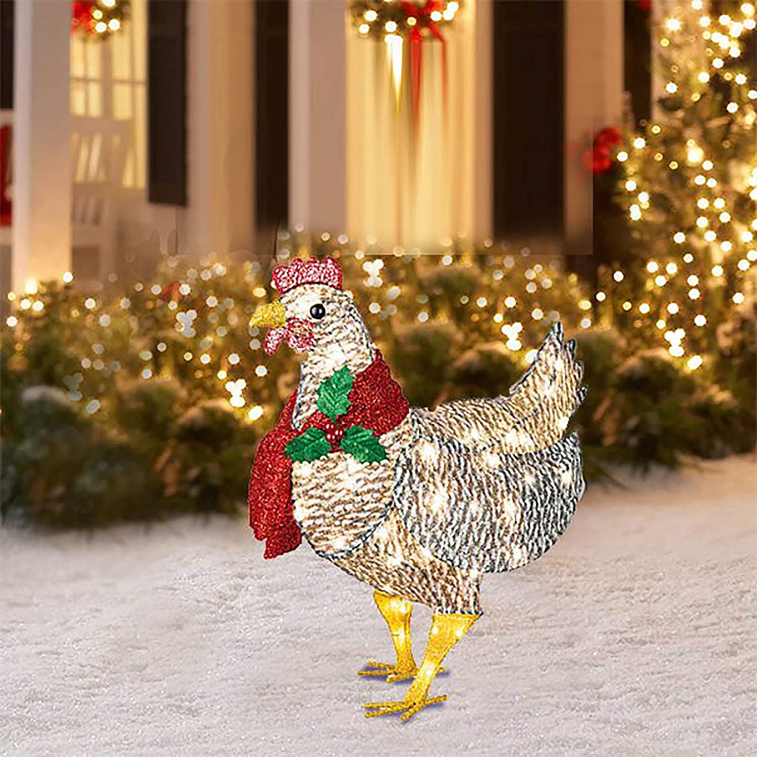 Christmas Decorations Light-Up Chicken with Scarf Decor LED Flat 3D Outdoor Christmas Lights Statue Garden Yard Ornament: Metal S