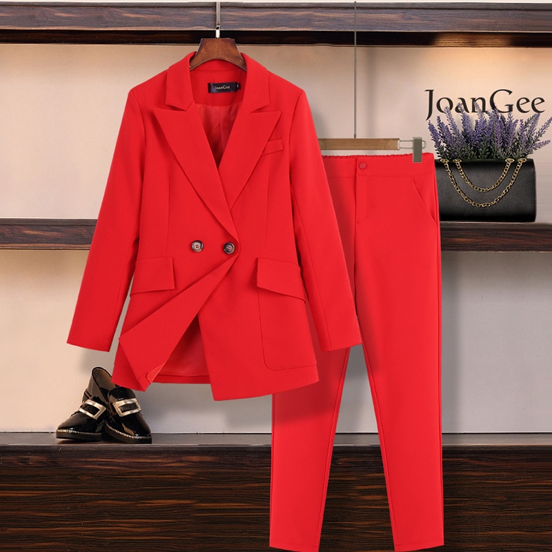 Work Pant Suits OL 2 Piece Set for Women Business interview suit set uniform slim Blazer and Pencil Pant Office Lady suit 5XL: Red / XXL