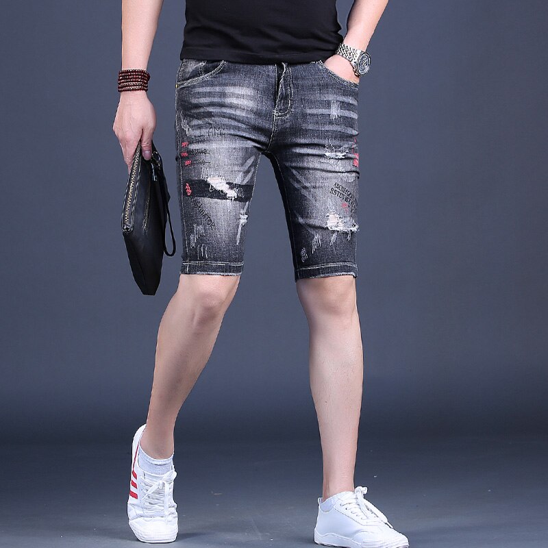 Men's Denim Shorts Printed Ripped Knee Length Jean Summer Casual Black Gray Slim Fit Straight Short Jeans Male Clothing: 30