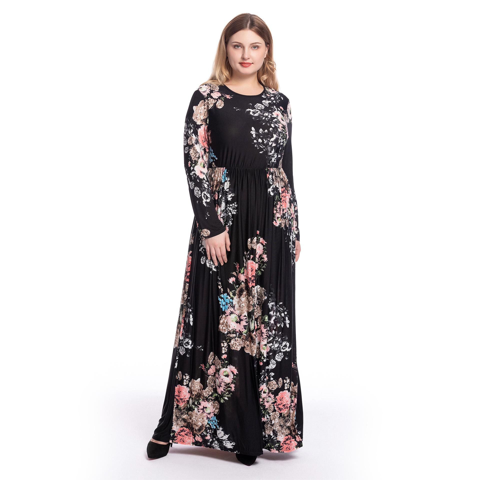 Plus size boho blomsterprint maxi lang kjole til kvinder festkjole draperet langærmet muslimsk casual malaysia oman kjoler