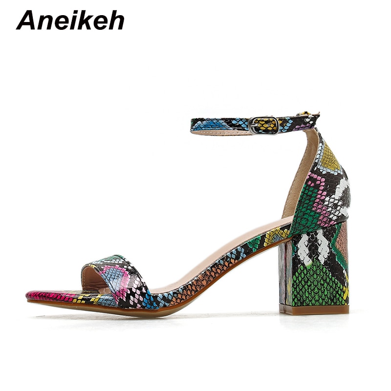 Aneikeh färg serpentine kvinnor skor peep toe 6cm höga klackar sandaler sommar fest skor pu ankel spänne sandaler pumps