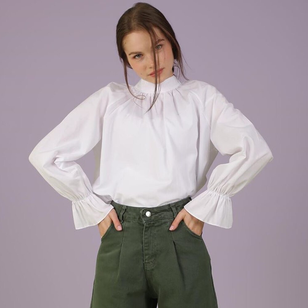 Siskakia-Camisa blanca de cuello alto para mujer, camisa de manga larga acampanada, suelta e independiente, Tops turcos árabes,