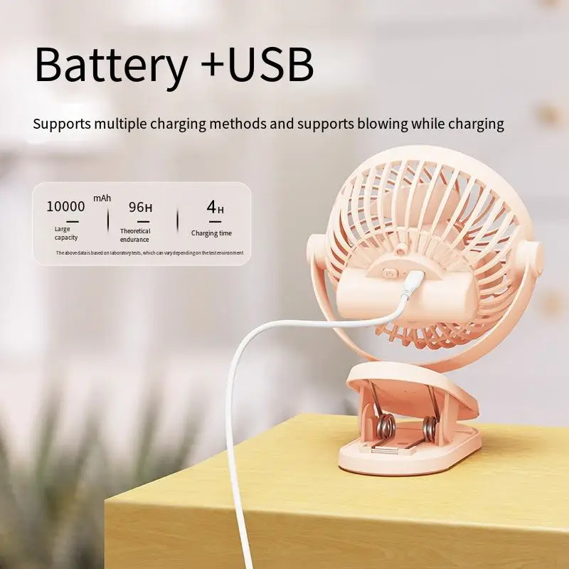 12–48 Stunden Tisch-Mini-Ventilator mit stabiler Klemme, wiederaufladbar, USB, 3 Geschwindigkeiten, Schlafstummschaltung für Badezimmer, Küche, Studentenwohnheim, 10.000 mAh