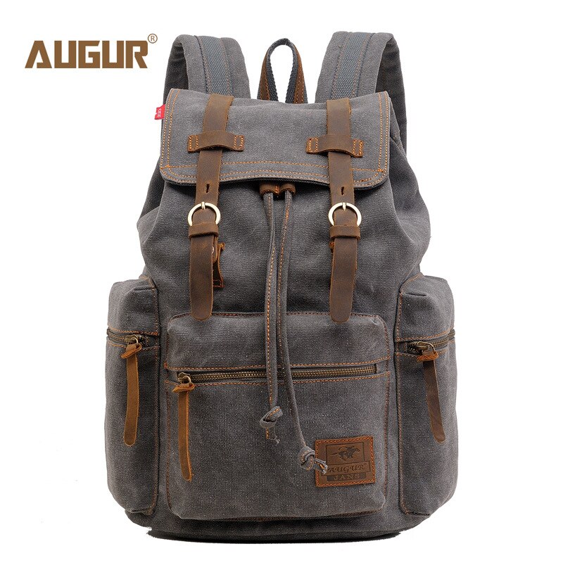 AUGUR 17 inch men&#39;s backpack vintage canvas backpack school bag men&#39;s travel bags large capacity travel laptop backpack bag: Grey