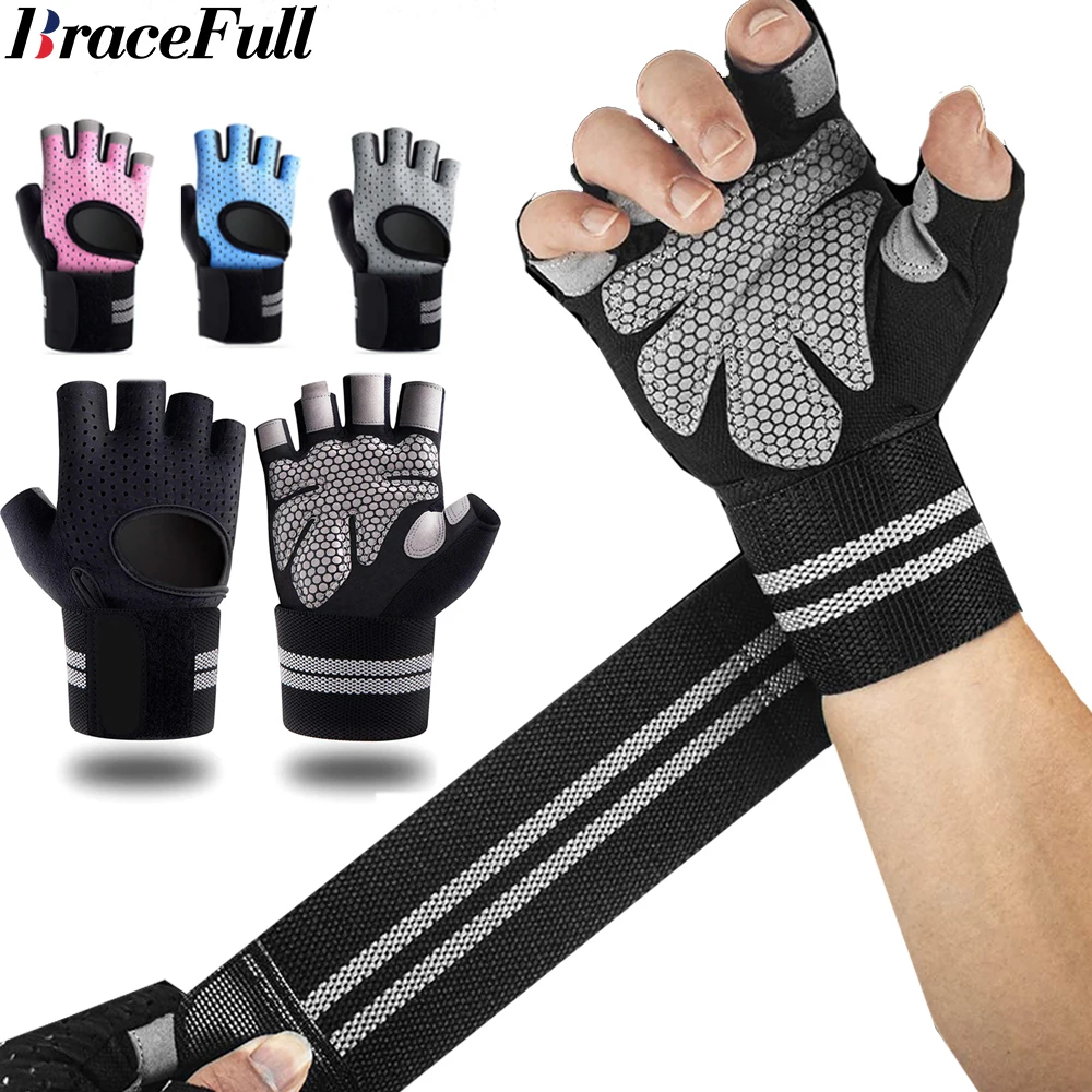1 par de guantes de gimnasio de medio dedo con soporte para muñeca para hombres y mujeres, equipo de levantamiento de pesas eléctrico para entrenamiento Crossfit
