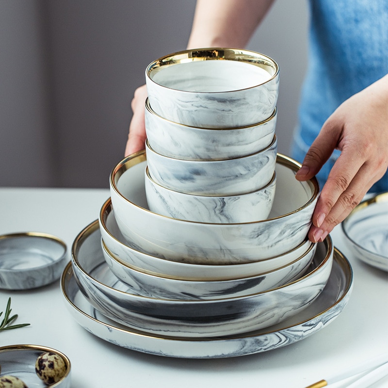 Europæisk marmorstrimmel keramik bordservice guldkant keramisk plade husholdnings salat bøf fad bakke suppeskål porcelæn sauce fad