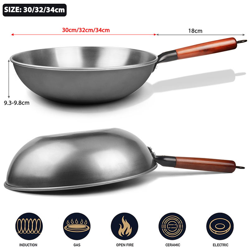 Wok in ghisa Wok antiaderente Wok in ferro cinese per cucina Meno olio Fumo Padella in ghisa Fornello a induzione Pentole da cucina