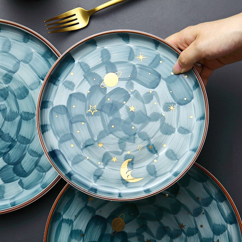 Hand Painted Starry Night Plate Eco-Friendly Ceramic Underglaze Steak Plate Dessert Tray Dinner Plates