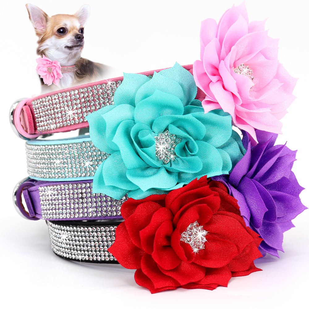Bling Strass Halsband Met Bloem Accessoire Zachte Suède Kat Puppy Halsbanden Ketting Voor Small Medium Honden Katten
