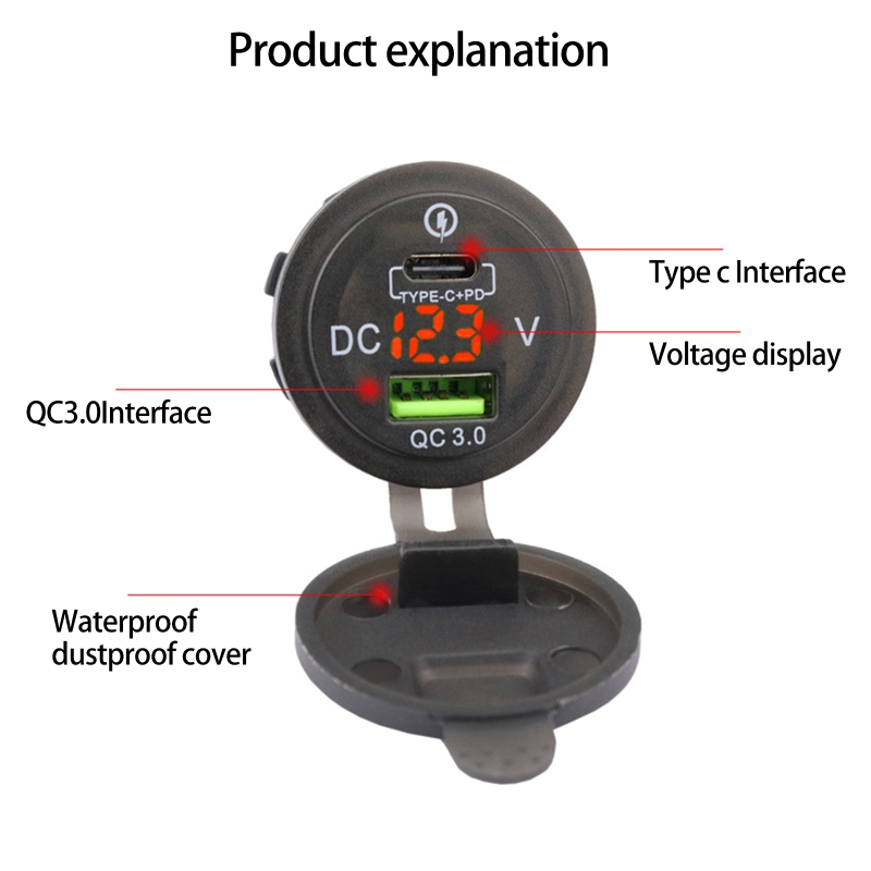 Car phone charger usb-c type-c + pd qc 3,0 socket for motorcycle, boat, mobile phone charger with led voltmeter