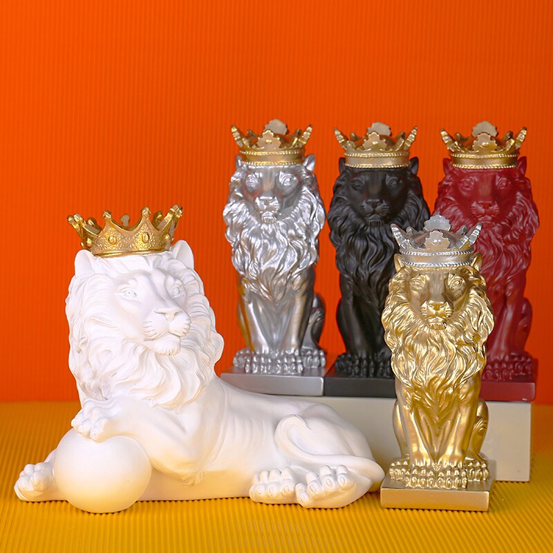 Modern Crown Lion Sculpture Nordic Resin Male Lion Statues Home Office Bar Decoration Art Abstract Animal Ornaments Decor