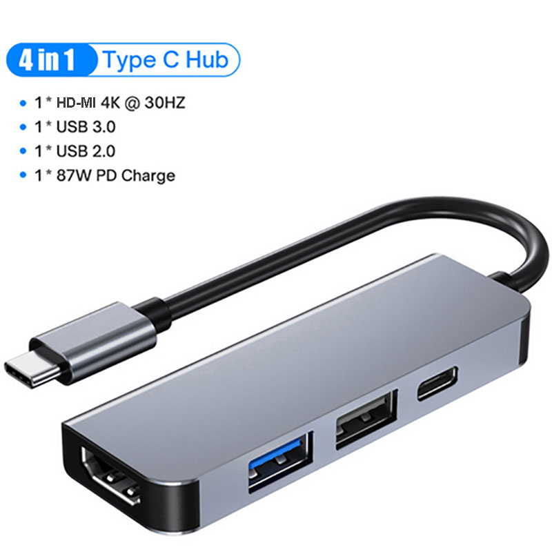 5-portowa stacja dokująca USB C typu C do HDMI 4K/RJ45 100M Rozdzielacz USB 3.0 5 Gb/s Szybki adapter USB C HUB do laptopa Macbook: Srebrny
