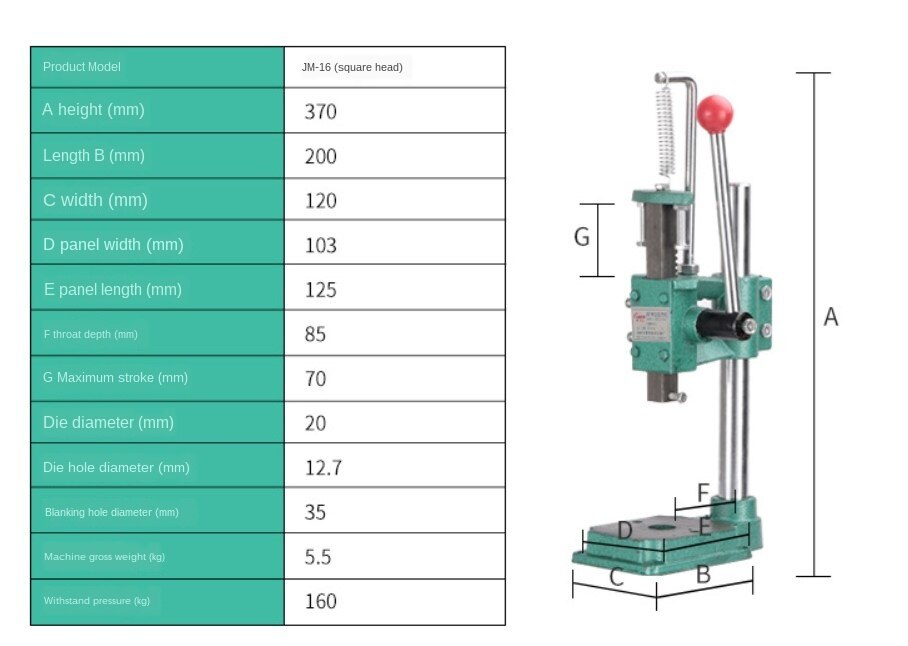 Mała prasa ręczna ambona przemysłowy mikro wykrawarka prasa regulowana wysokość JM-16 kwadratowa głowica okrągła prasa aluminiowa biegun: JM16 kwadrat