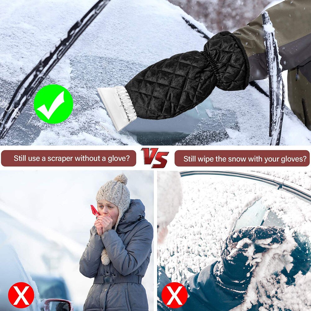 Ice Scraper with Mitt Waterproof Car Snow Scraper Glove Windscreen Scraper Lined of Thick Fleece with Closing Wristband