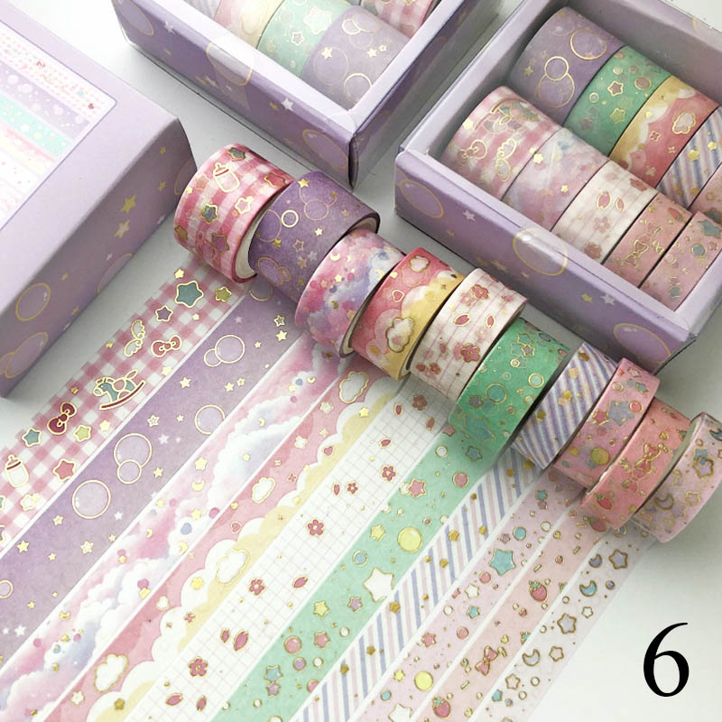 Cinta adhesiva decorativa Estilo Vintage para álbum de recortes, cinta adhesiva Washi de color negro y dorado para decoración de álbumes de recortes, papelería para diario, 10 unids/set por juego: 6